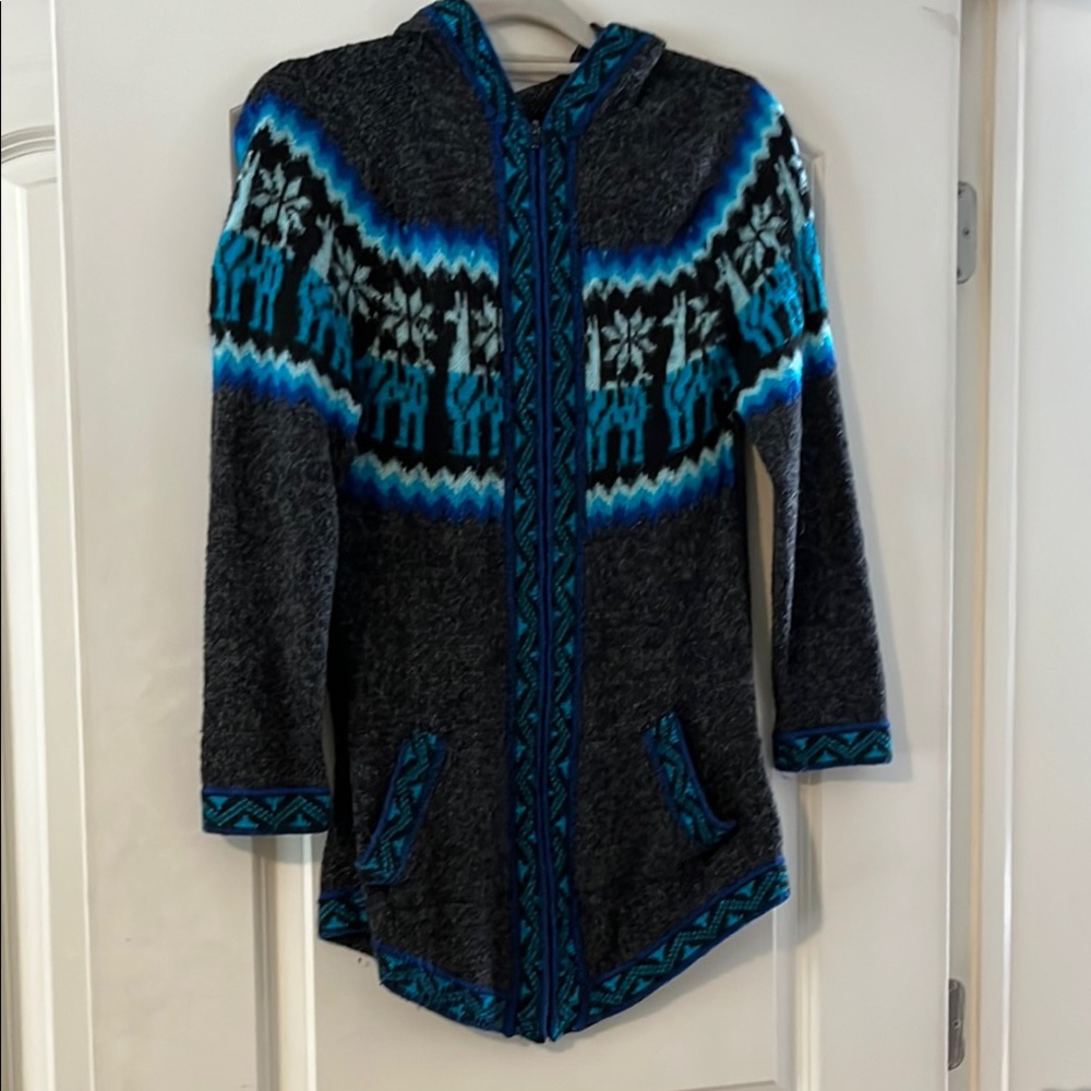 Gray and Blue Hooded Cardigan